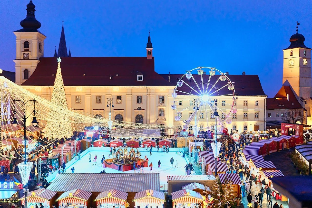 Plaza Mayor iluminada, vista aérea